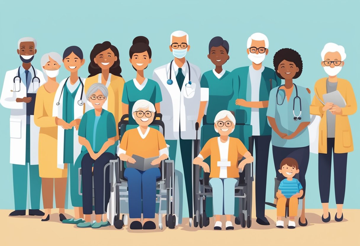 A diverse group of people, including families, individuals, and seniors, are all smiling and happy as they receive medical care and services from a network of healthcare providers