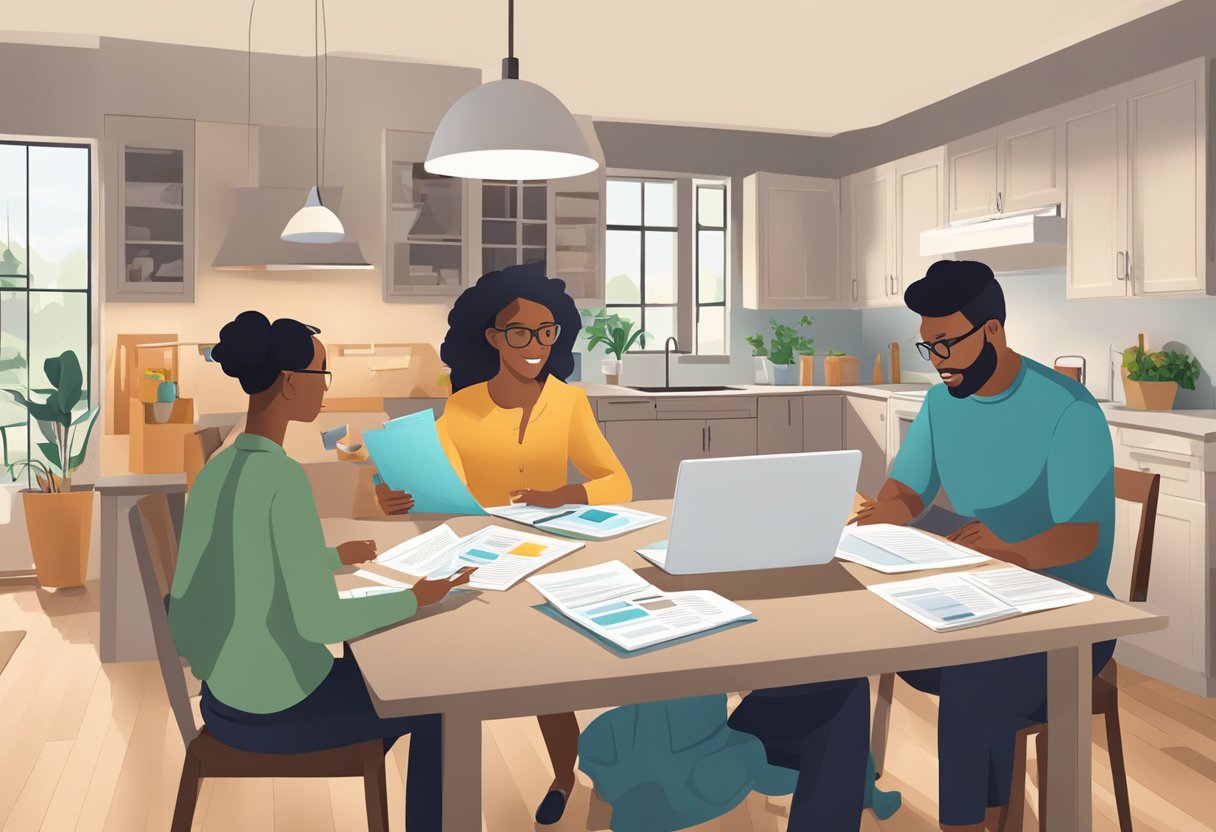 A family sits at a kitchen table reviewing health insurance plans. A laptop and paperwork are scattered across the table as they discuss options