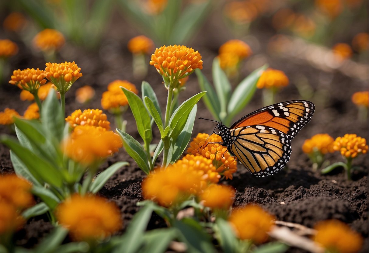 Butterfly milkweed seeds are planted in rich soil, watered regularly, and placed in a sunny location. The seeds germinate and grow into vibrant green seedlings, eventually producing beautiful orange and red flowers