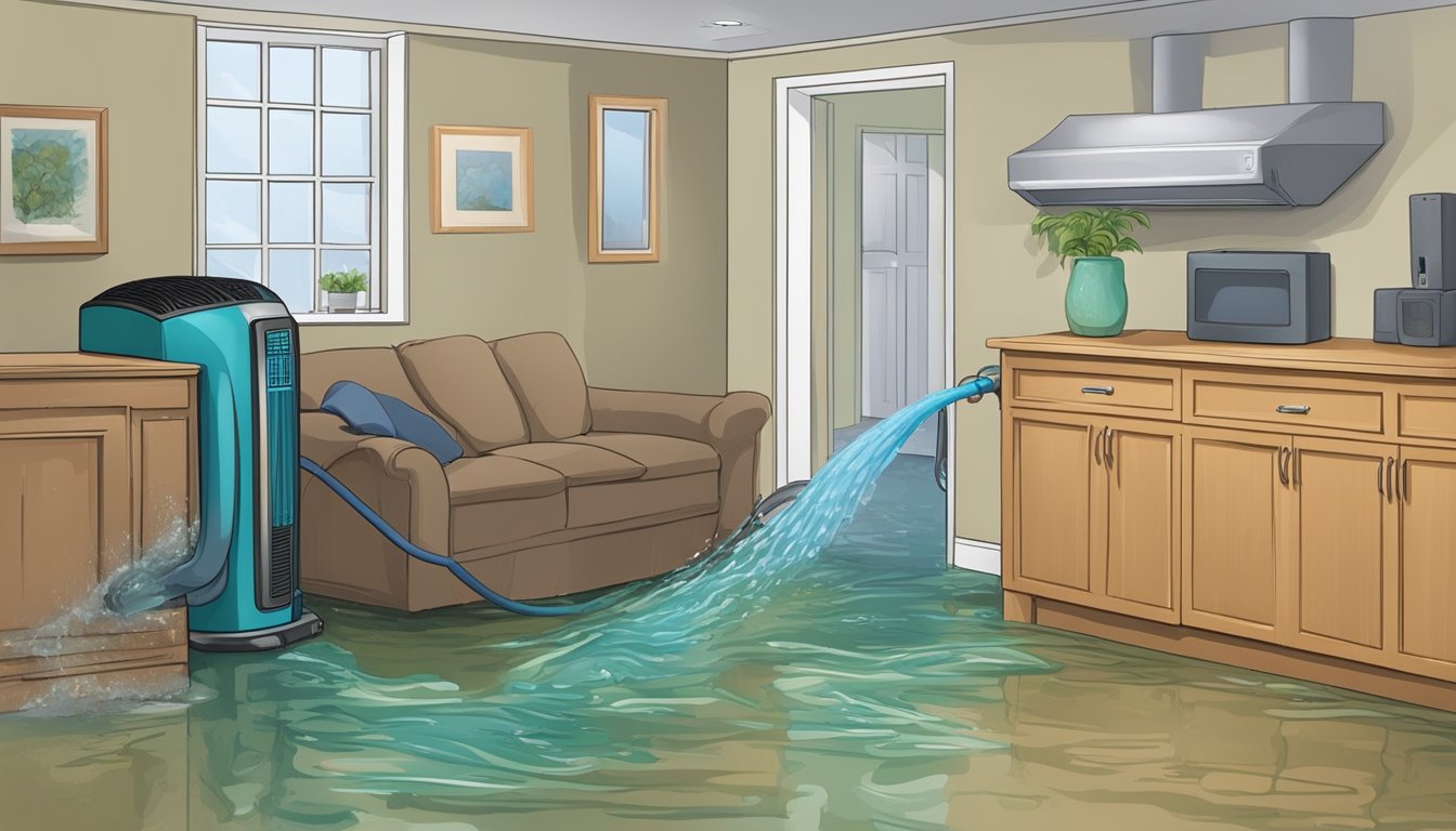 A burst pipe floods a basement, water seeping into walls and damaging furniture. Mold begins to grow, posing health risks. A dehumidifier and mold remediation equipment are brought in to mitigate the damage