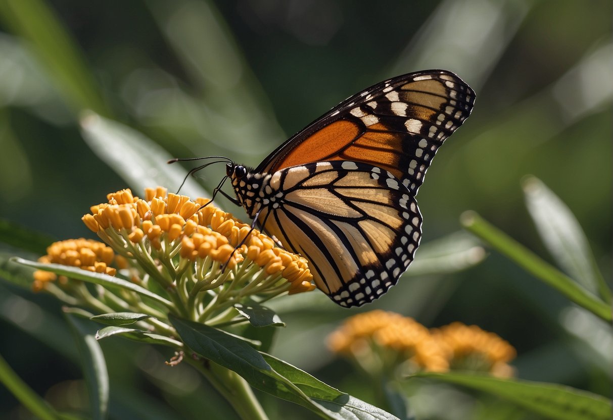 A monarch butterfly lays eggs on milkweed, its sole food source