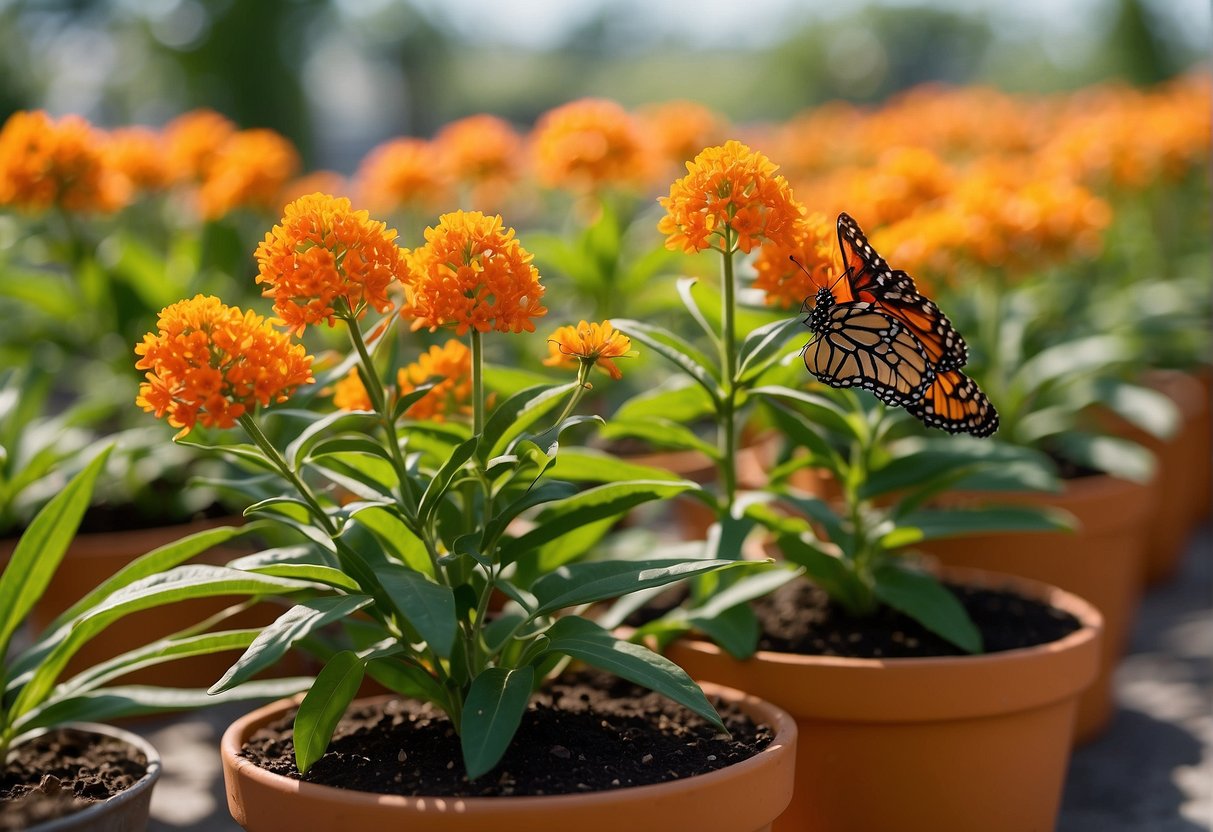 A local garden center displays pots of butterfly milkweed for sale. The vibrant orange flowers and green leaves catch the sunlight, attracting butterflies