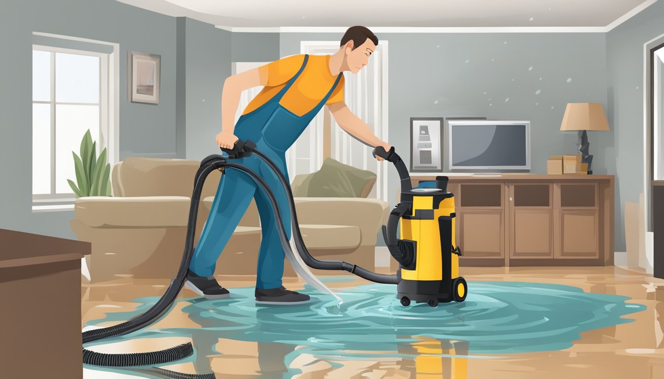 A homeowner using a wet/dry vacuum to remove water from a flooded room, while avoiding using electrical appliances in the affected area