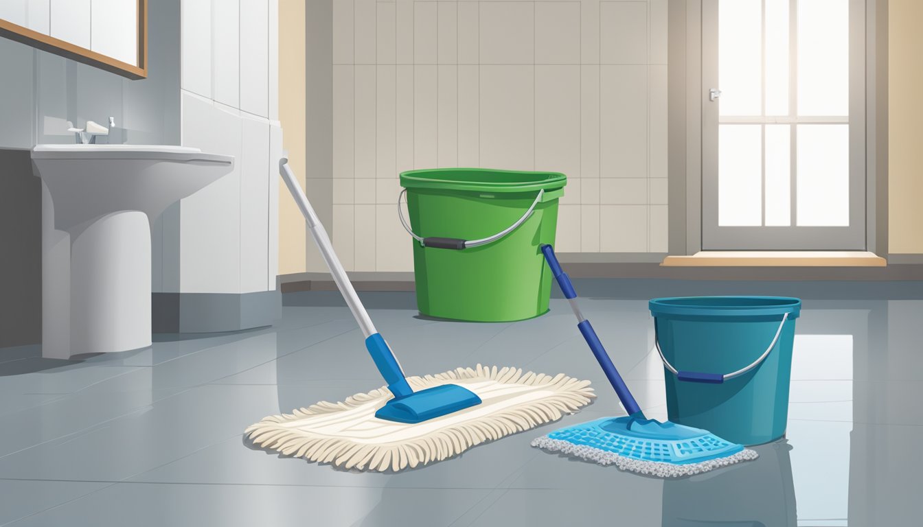 A bucket, mop, and towels are laid out on the floor next to a wet area. A dehumidifier hums in the background, and a fan blows air over the affected area