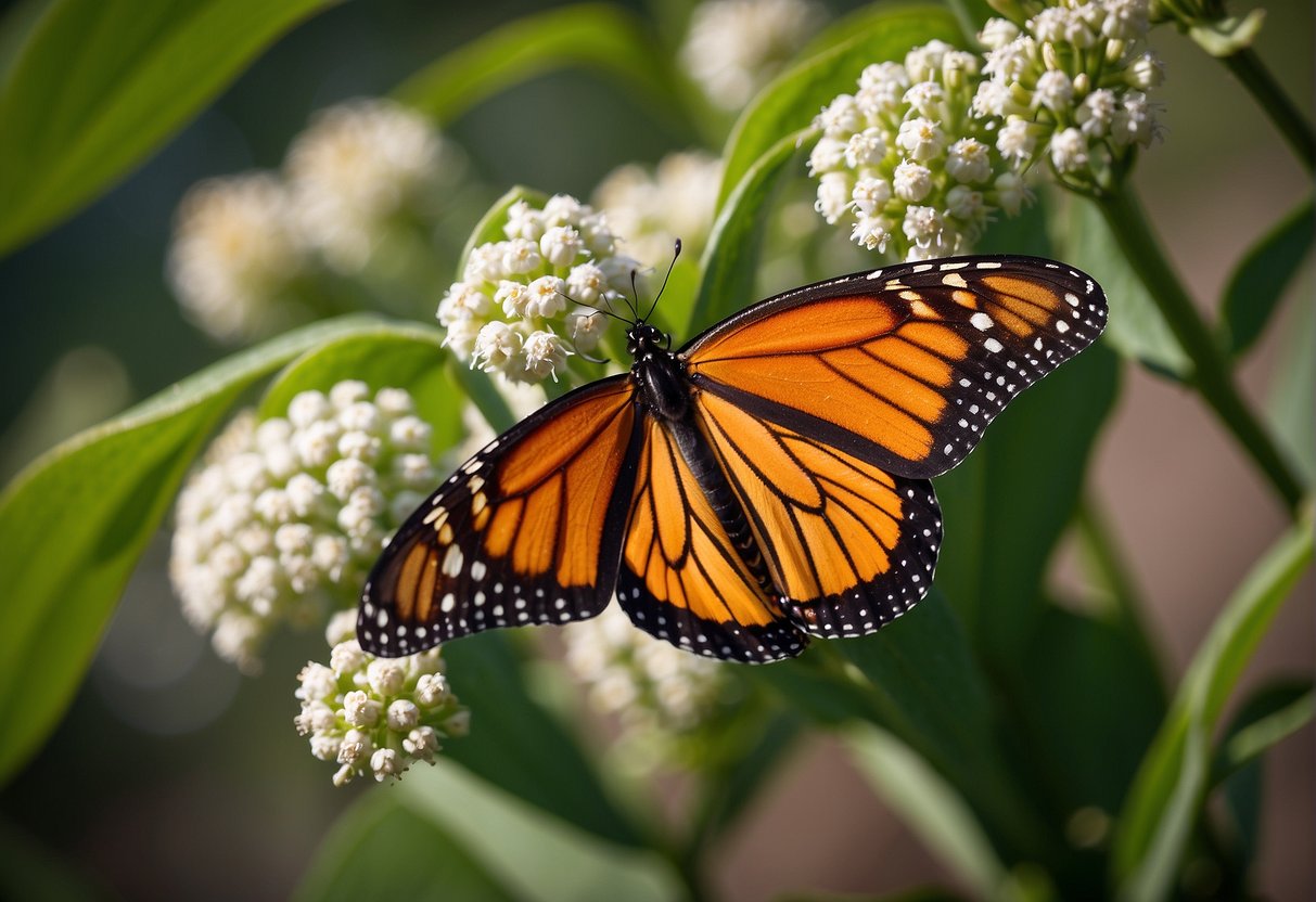 A monarch butterfly lays eggs on a milkweed plant. The caterpillars feed on the leaves, relying on milkweed for their survival