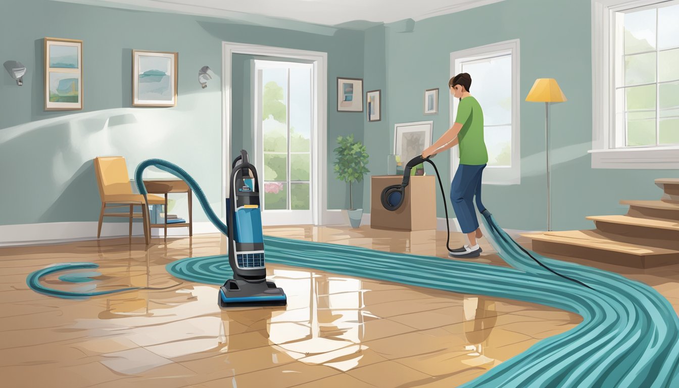 A homeowner using a wet vacuum to remove water from a flooded area in their home, while also using towels and fans to dry the affected area