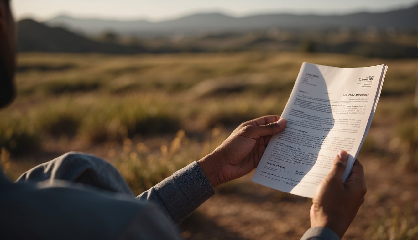A person holding a deed with a piece of land in the background, emphasizing the importance of understanding the legal document for successful land flipping