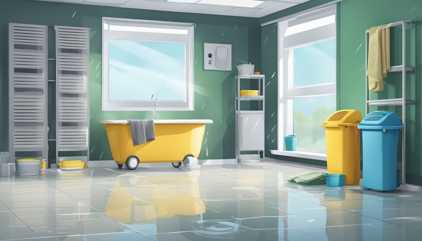 A wet room with fans and dehumidifiers running, towels and buckets on the floor, and open windows for ventilation