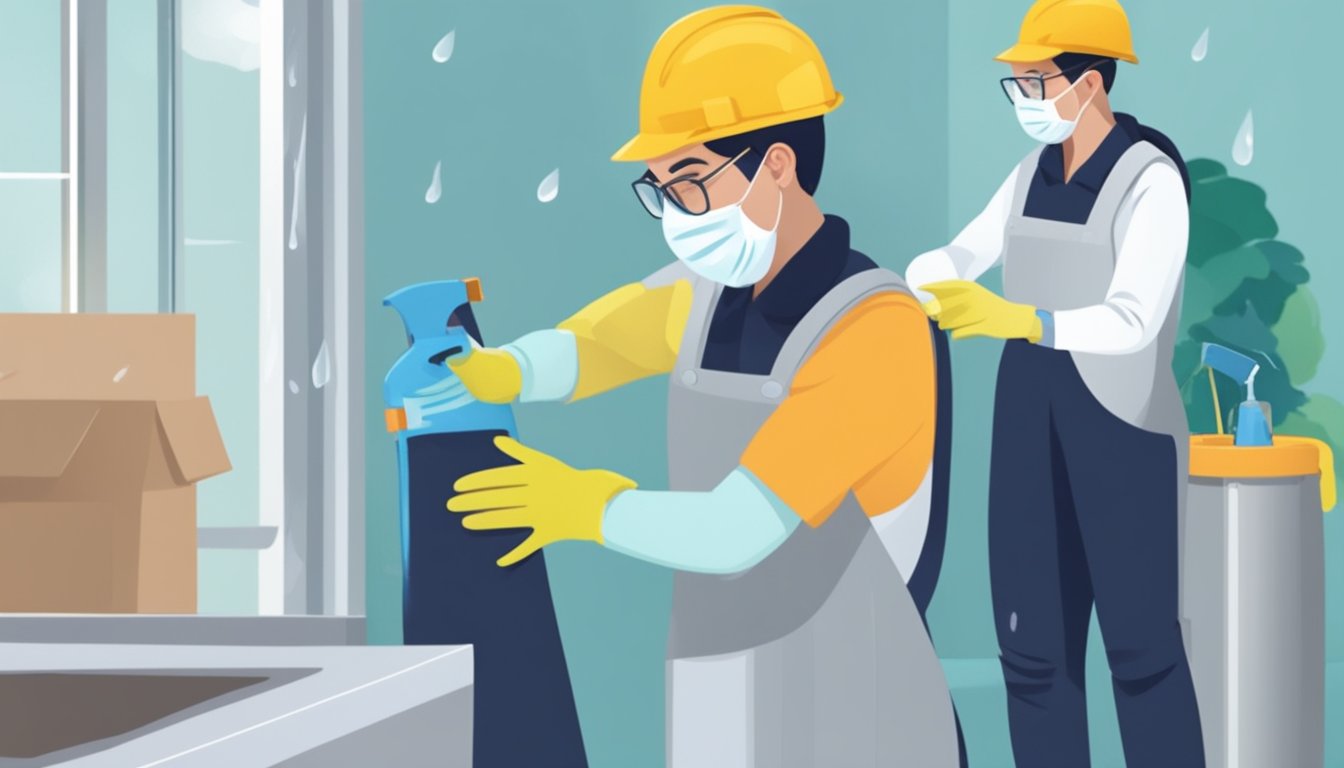 A person wearing gloves and a mask wipes down water-damaged surfaces with disinfectant, while another person removes damaged materials