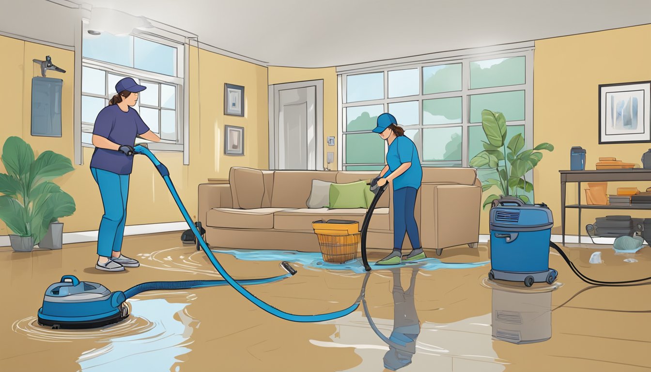 A homeowner uses a wet vacuum to remove water from a flooded room, while another uses a dehumidifier to dry out the space. They discard damaged items and wear protective gear