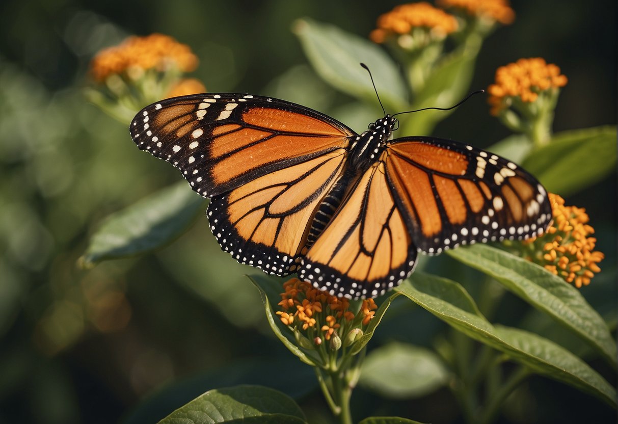 A monarch butterfly hovers over a milkweed plant, its vibrant orange and black wings mirroring the plant's delicate flowers and green leaves