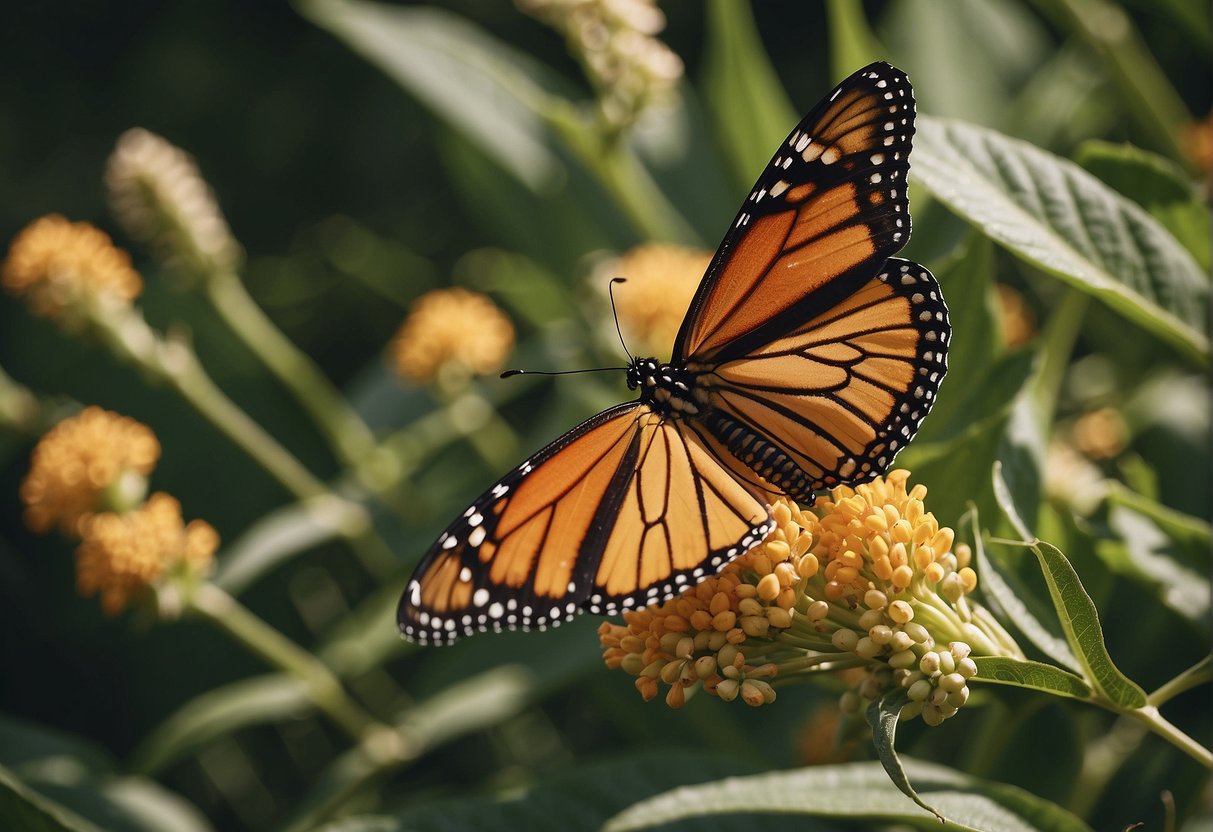 A monarch butterfly perched on a milkweed plant, sipping nectar with its long proboscis, while the plant's leaves provide shelter and food for the butterfly's larvae