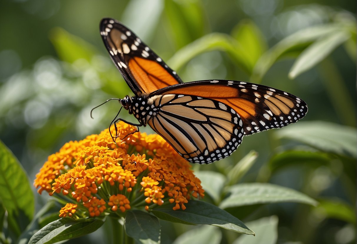 A monarch butterfly perches on a milkweed plant, its vibrant orange and black wings contrasting against the green leaves. The butterfly delicately sips nectar from the plant's flowers, showcasing the symbiotic relationship between the two