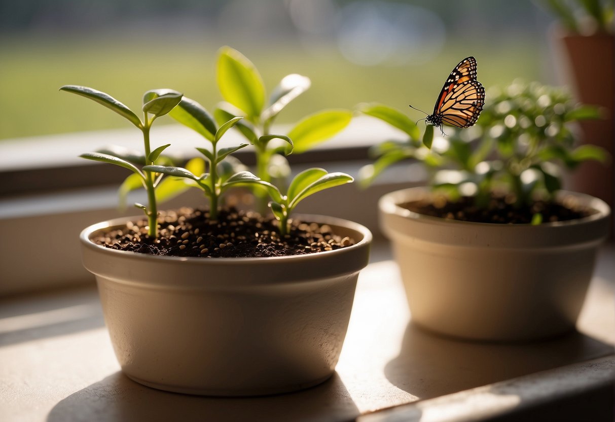 Sunlit windowsill, small pots filled with soil, tiny butterfly milkweed seeds nestled in the earth. Water droplets glisten on the surface, nurturing the germinating seeds