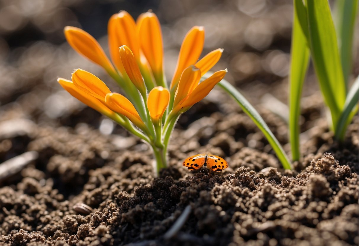 Butterfly milkweed seeds are placed in soil, watered lightly, and kept in a warm, sunny location. After a few weeks, tiny green shoots emerge from the soil, growing into vibrant orange flowers