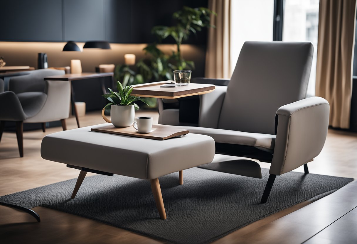 A cozy armchair with a built-in side table and adjustable lighting. A sleek, low-profile sofa with easy-to-reach storage compartments. A modern coffee table with rounded edges and non-slip surfaces