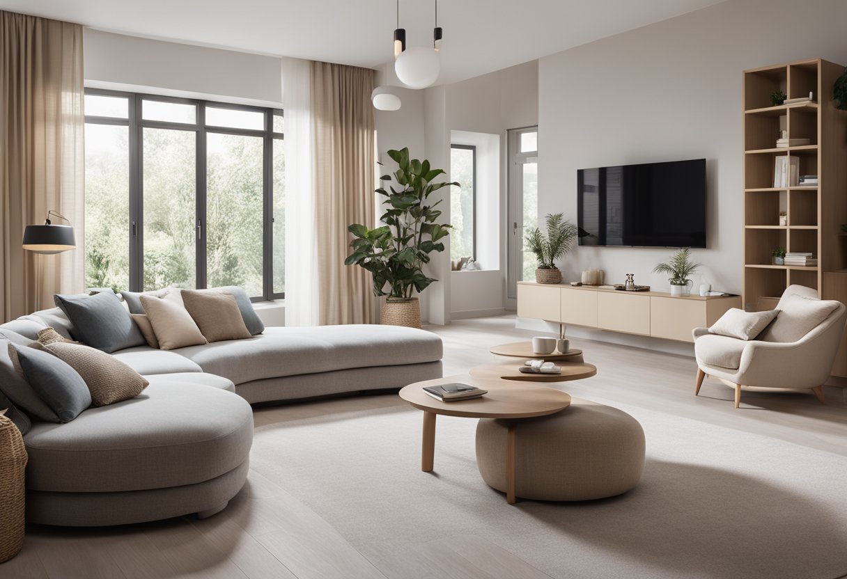 A spacious living room with stylish, ergonomic furniture. Soft, neutral colors and rounded edges create a calm and inviting atmosphere. Accessibility features blend seamlessly with elegant design