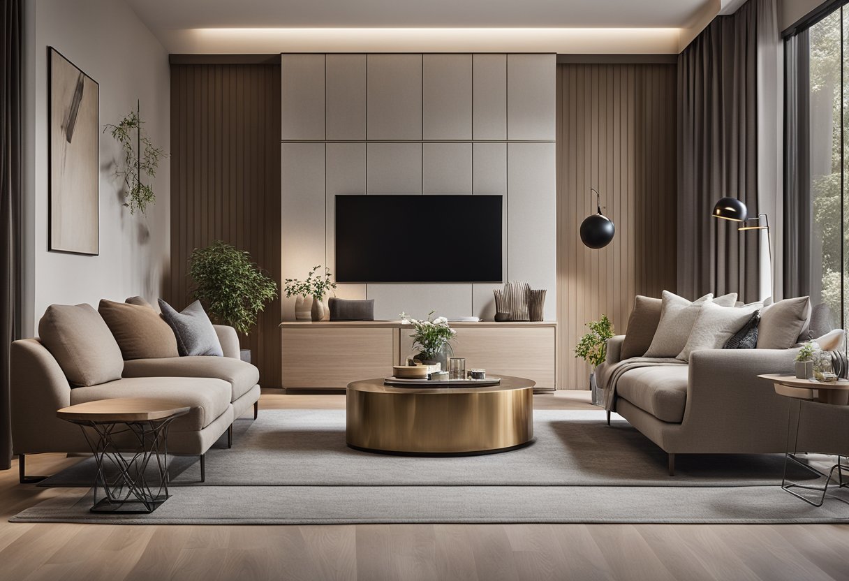 A cozy living room with stylish, accessible furniture. Soft, supportive chairs and easy-to-reach tables. Neutral colors and sleek designs create a modern, senior-friendly space