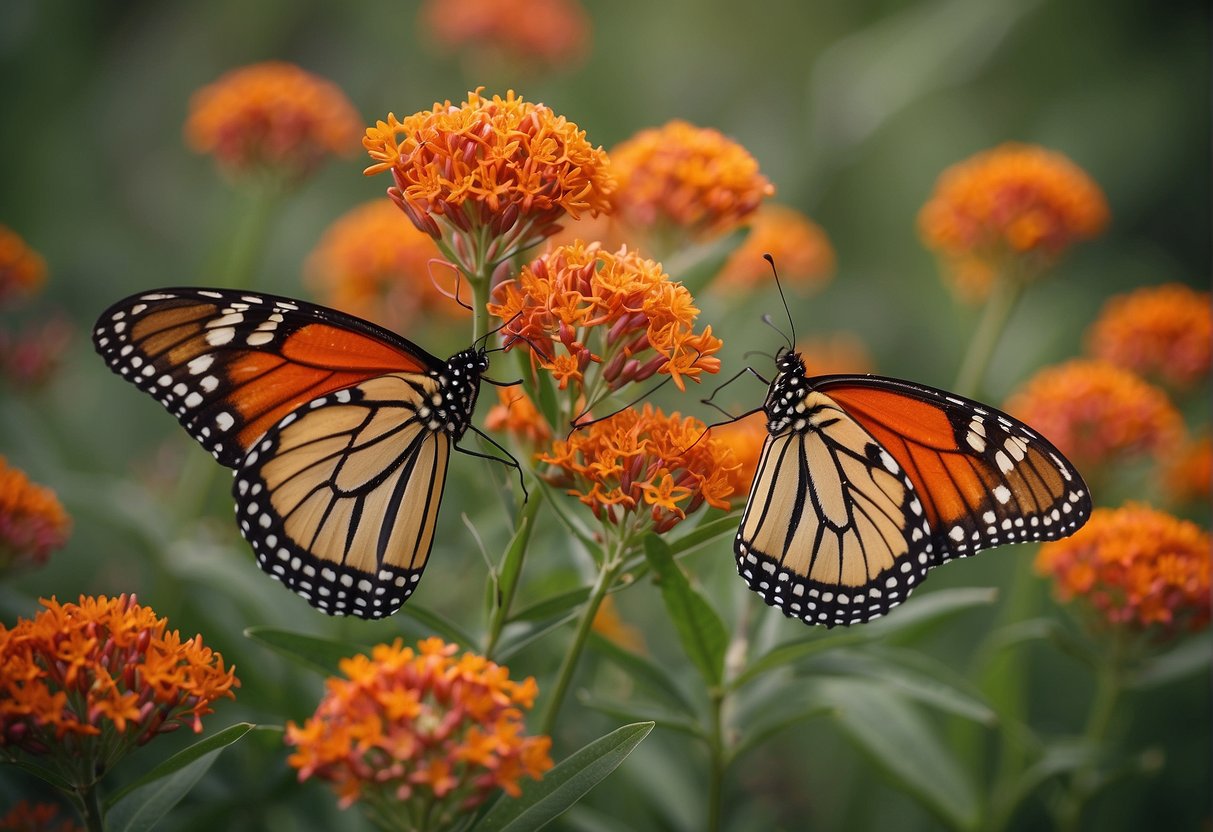 The butterfly milkweed blooms in vibrant orange and red hues, attracting butterflies with its nectar-rich flowers. The plant stands tall with slender, lance-shaped leaves, creating a striking and colorful display in the garden