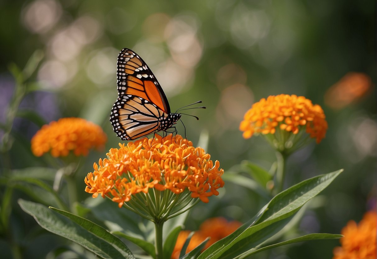 Butterfly milkweed blooms in summer, with vibrant orange flowers. Surrounding it are other native plants, carefully tended to by a gardener