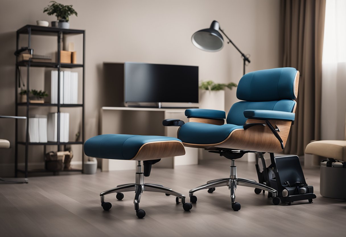 A cozy chair with adjustable armrests and lumbar support, surrounded by accessible tools and devices for seniors