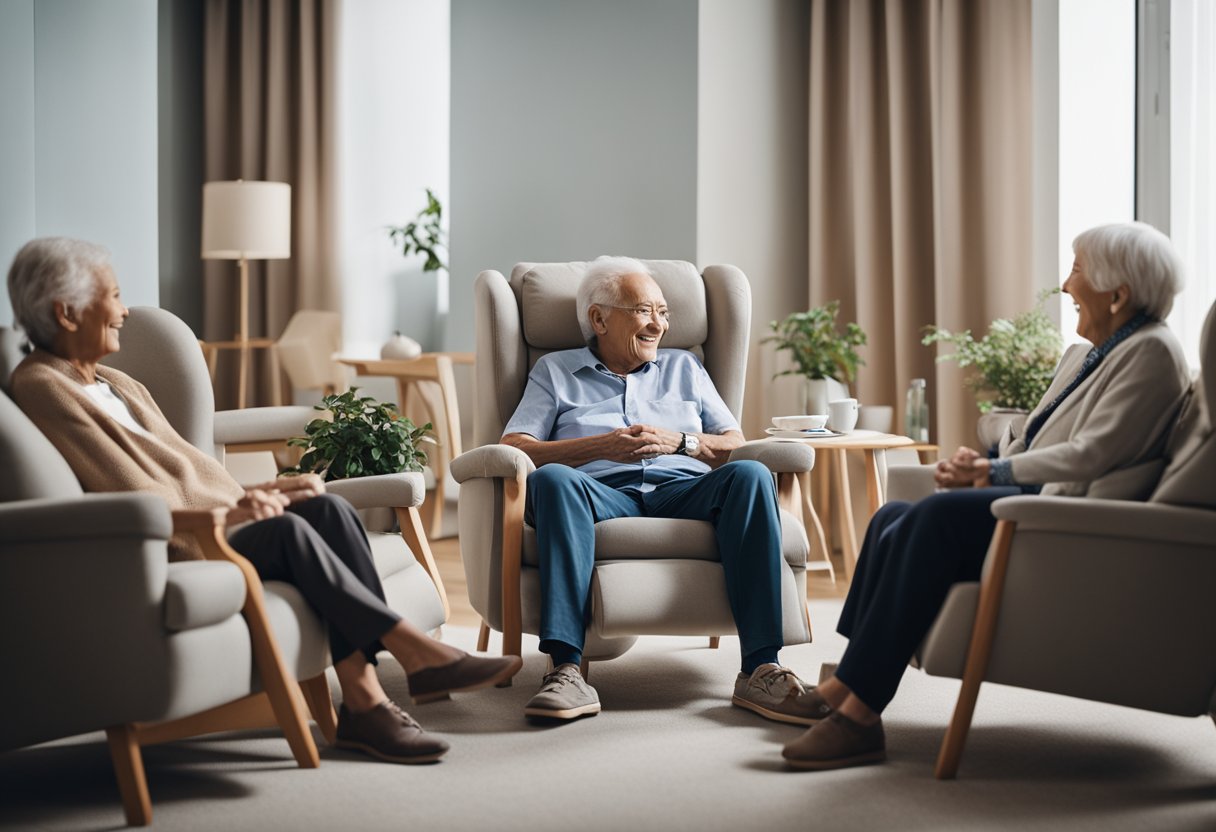 A cozy, modern chair with adjustable features and supportive cushions, surrounded by elderly individuals smiling and engaging in various activities