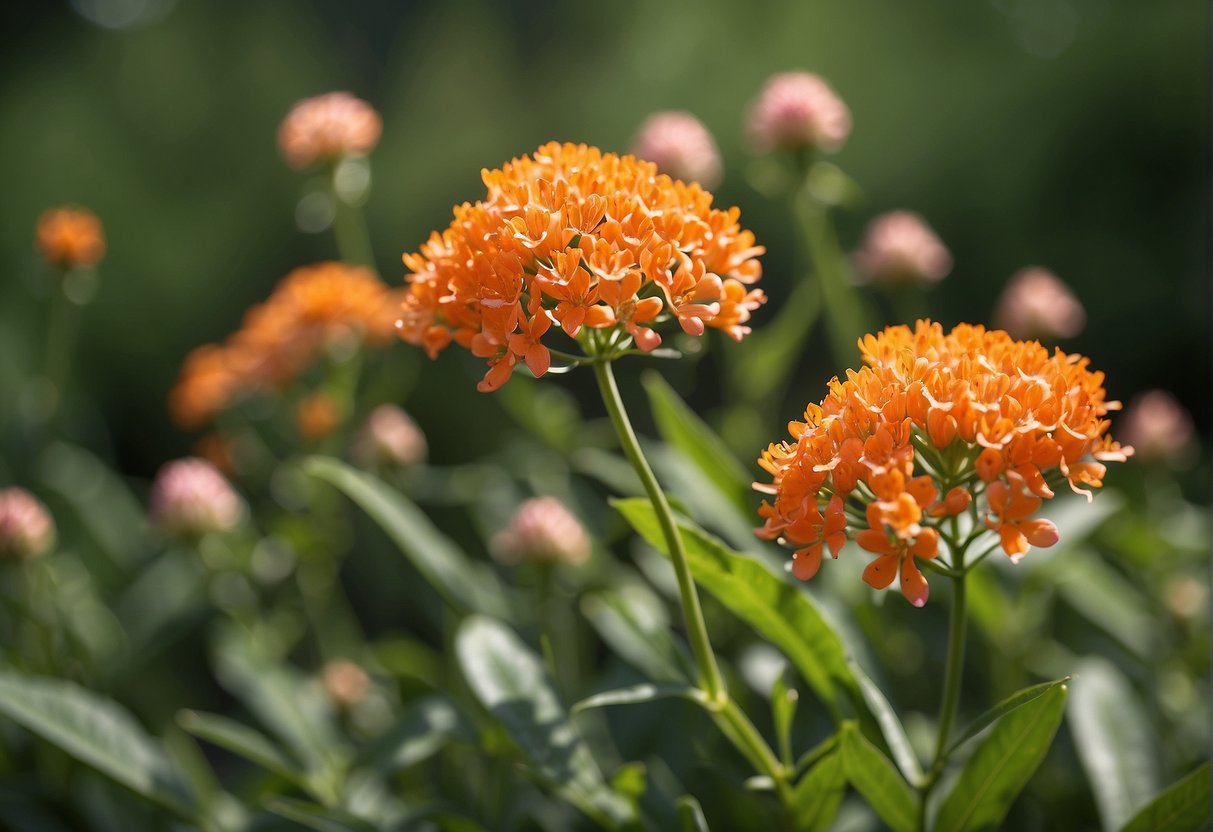 Butterfly weed has orange flowers, while milkweed has pink or white flowers. Both have long, slender leaves and grow in sunny, well-drained areas