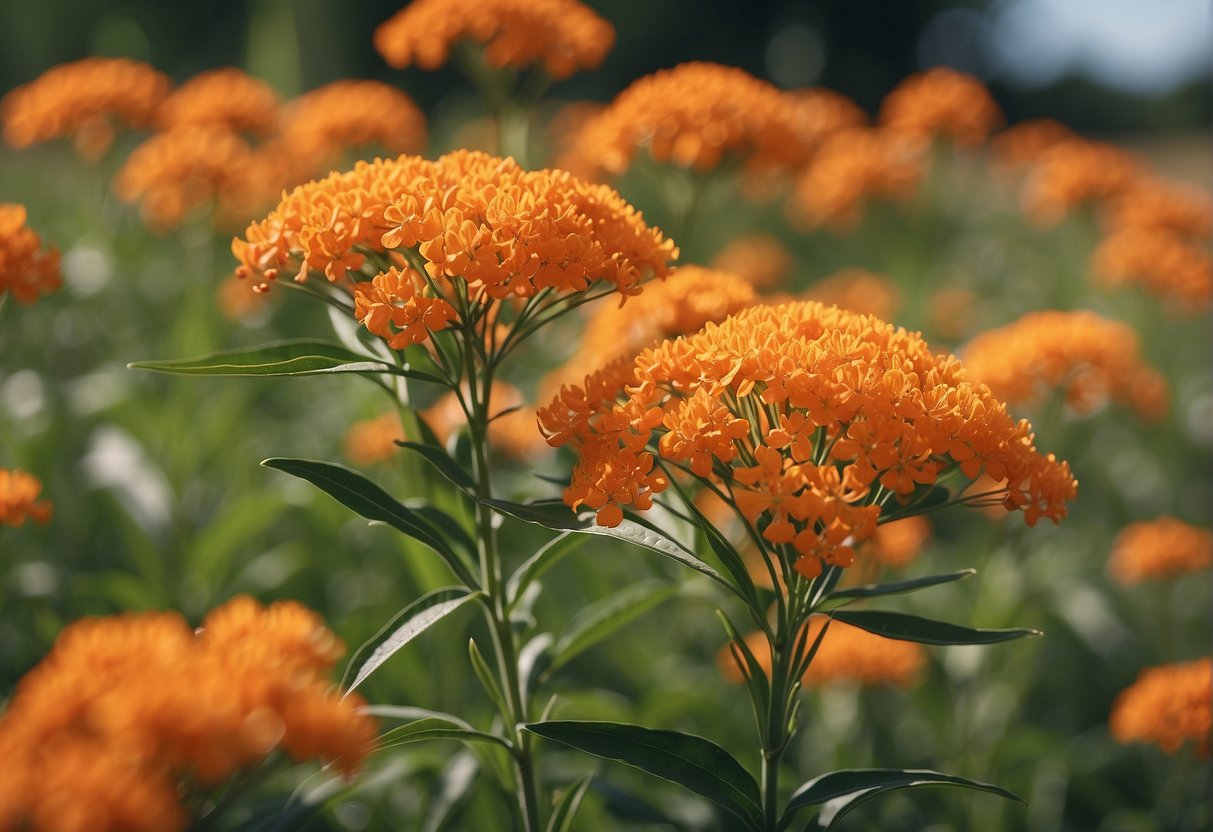 Butterfly weed has orange flowers, while milkweed has pink or white flowers. Both have long, narrow leaves and grow in sunny, well-drained areas