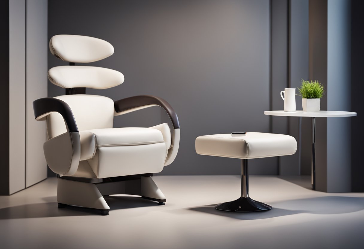 A sleek, ergonomic armchair with built-in safety features and modern design. A side table with easy-access compartments for medication and personal items