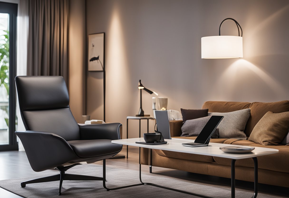 A cozy living room with a reclining chair equipped with a built-in tablet holder and adjustable lighting. A coffee table with a built-in charging station for electronic devices