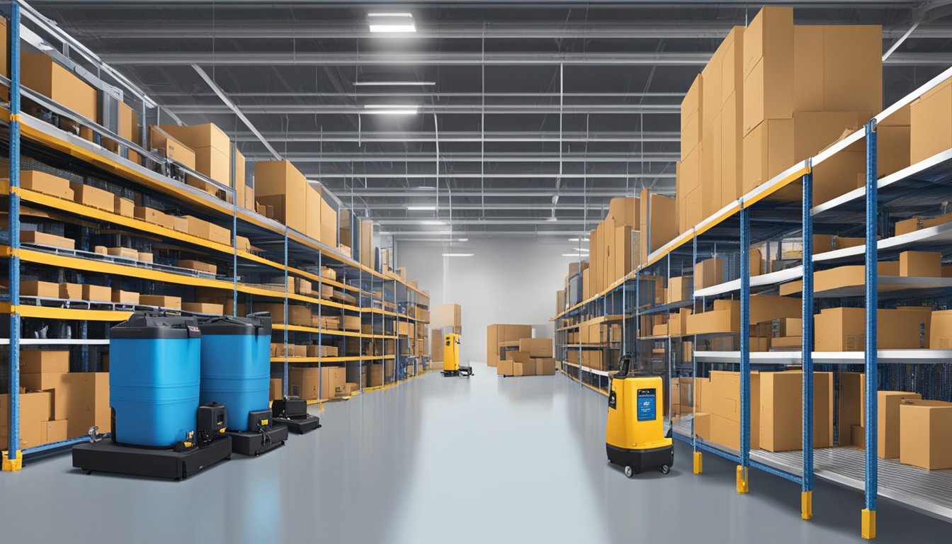 State-of-the-art water extraction machines, dehumidifiers, and infrared cameras fill the spacious warehouse. Advanced tools and equipment line the shelves, showcasing the latest technological advancements in water damage restoration