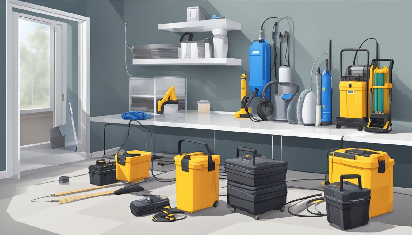 A modern water damage restoration setup with advanced equipment and tools, including high-tech drying systems and protective gear for workers