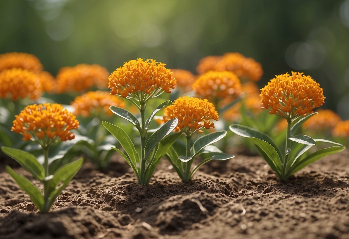 Butterfly milkweed plants are spaced 18-24 inches apart in well-drained soil under full sun. The plants should be placed in rows to allow for proper air circulation and growth
