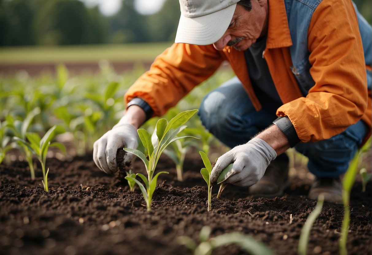 A gardener measures and marks the distance for planting butterfly milkweed, carefully spacing each plant apart in the prepared soil