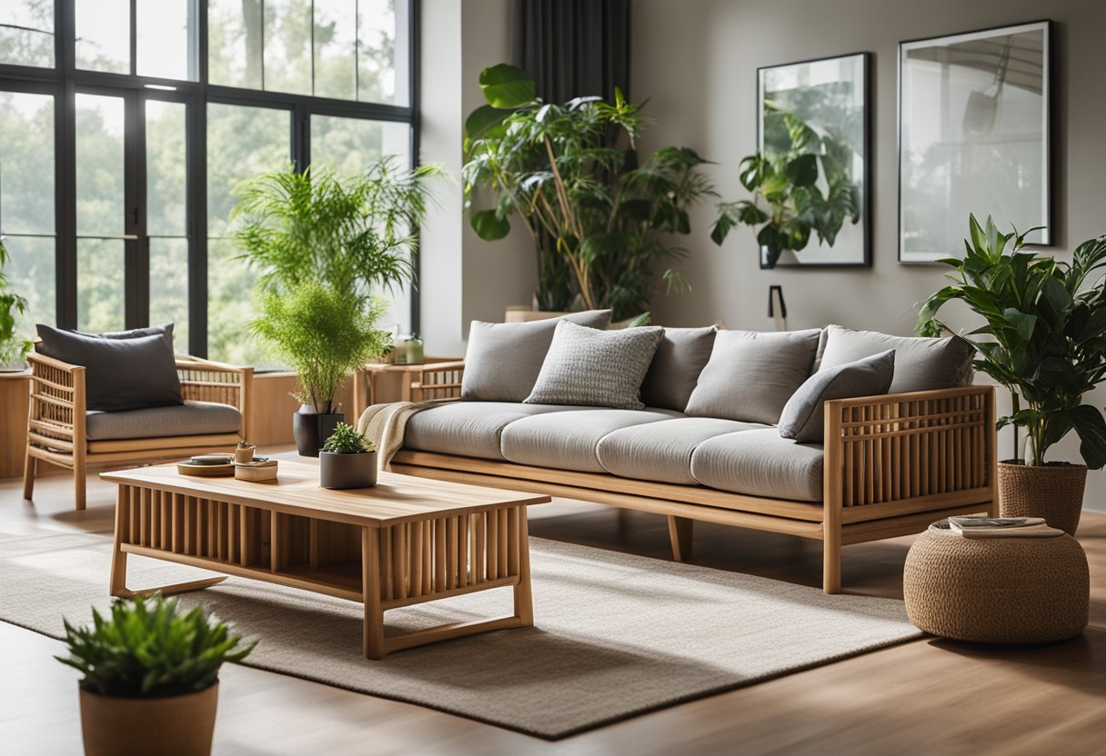 A living room with modern, eco-friendly furniture made from sustainable materials like bamboo and recycled wood. Large windows let in natural light, and potted plants add a touch of greenery