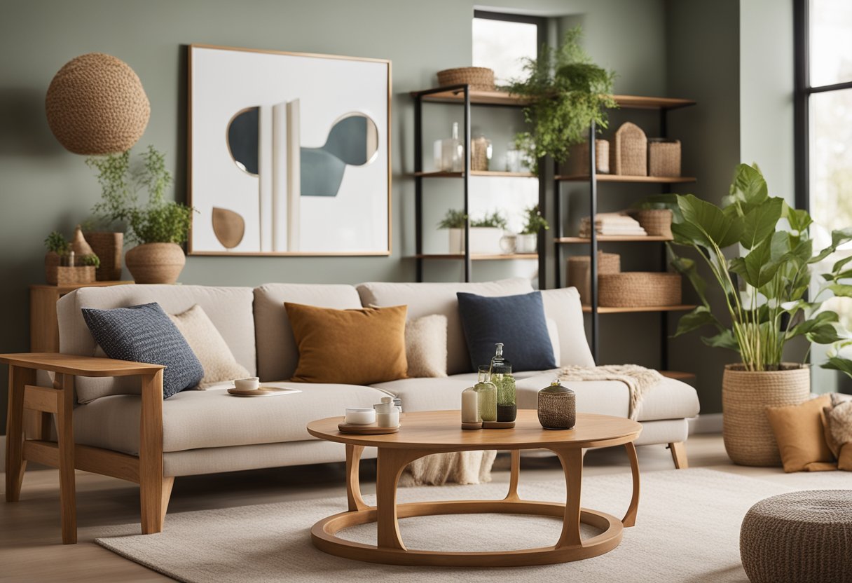 A modern, eco-friendly living room with sustainable furniture, natural materials, and earthy tones. Renewable wood tables, low VOC paints, and energy-efficient lighting