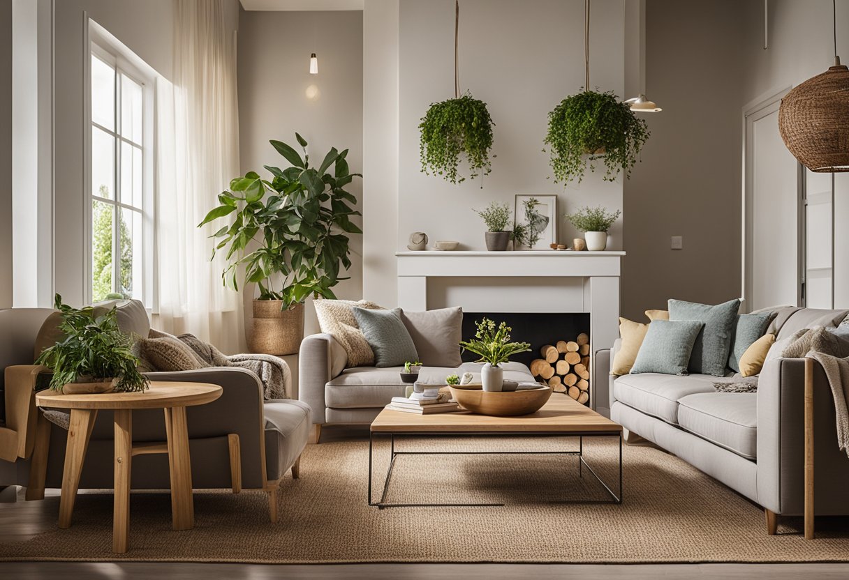 A cozy living room with eco-friendly furniture for seniors, featuring sustainable materials like bamboo, reclaimed wood, and non-toxic finishes