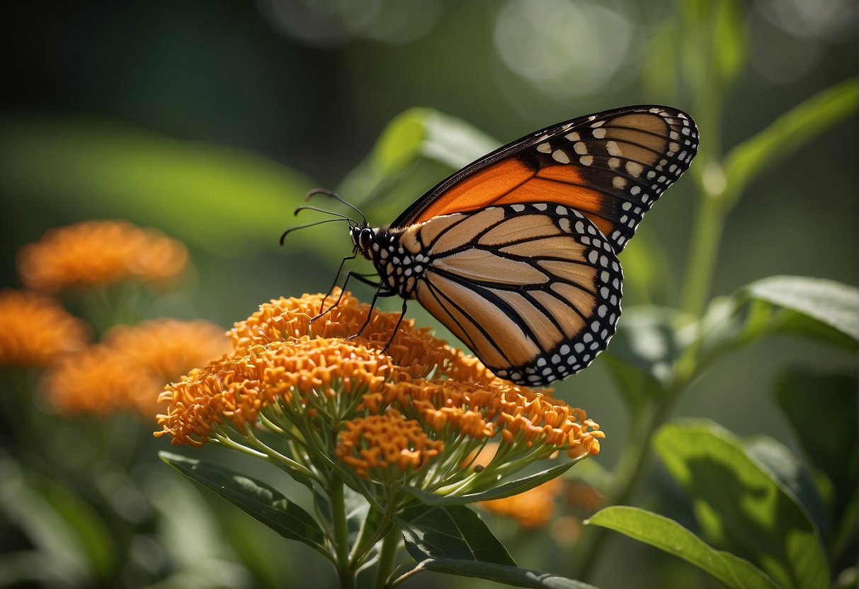 A monarch butterfly lands on a milkweed plant, its vibrant orange and black wings contrasting against the green leaves. The butterfly delicately sips nectar from the flower without being affected by the cardenolide toxin