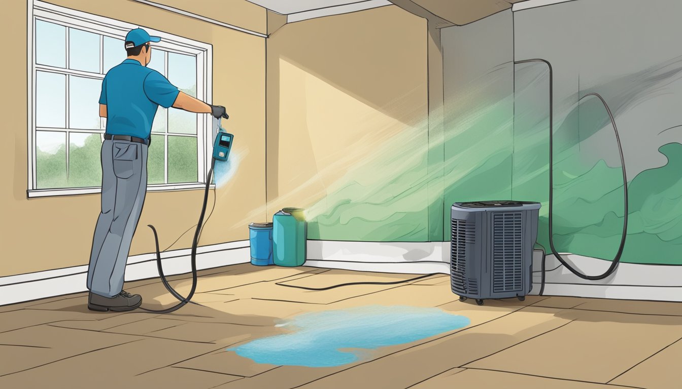 A dehumidifier hums in a flooded room, while a fan blows air over damp surfaces. Mold-resistant paint is being applied to the walls, and a technician inspects for hidden moisture