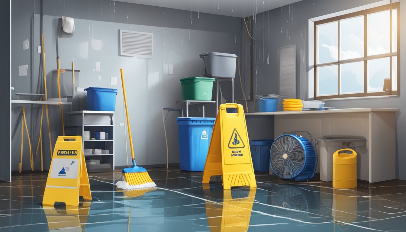 A wet, damaged area with standing water. Fans and dehumidifiers placed strategically to dry out the space. Cleaning supplies and protective gear ready for use