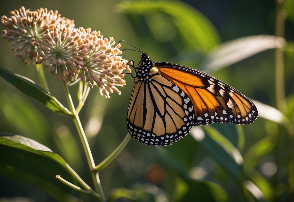 Monarch butterflies lay eggs on milkweed, their sole food source. Caterpillars feed on milkweed leaves, enabling their development into adult butterflies