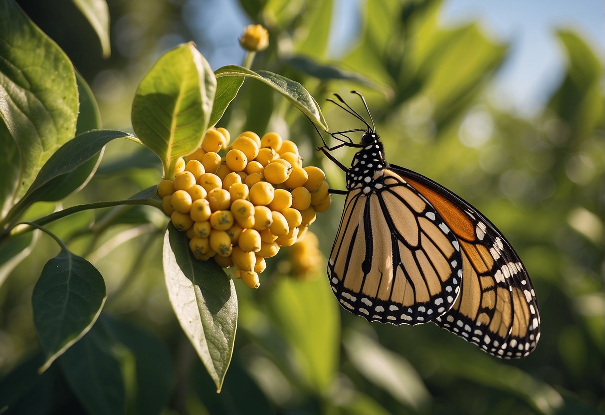 Monarch butterfly lays eggs on milkweed. Caterpillars eat milkweed leaves. Chrysalis forms on milkweed. Adult butterflies feed on milkweed nectar