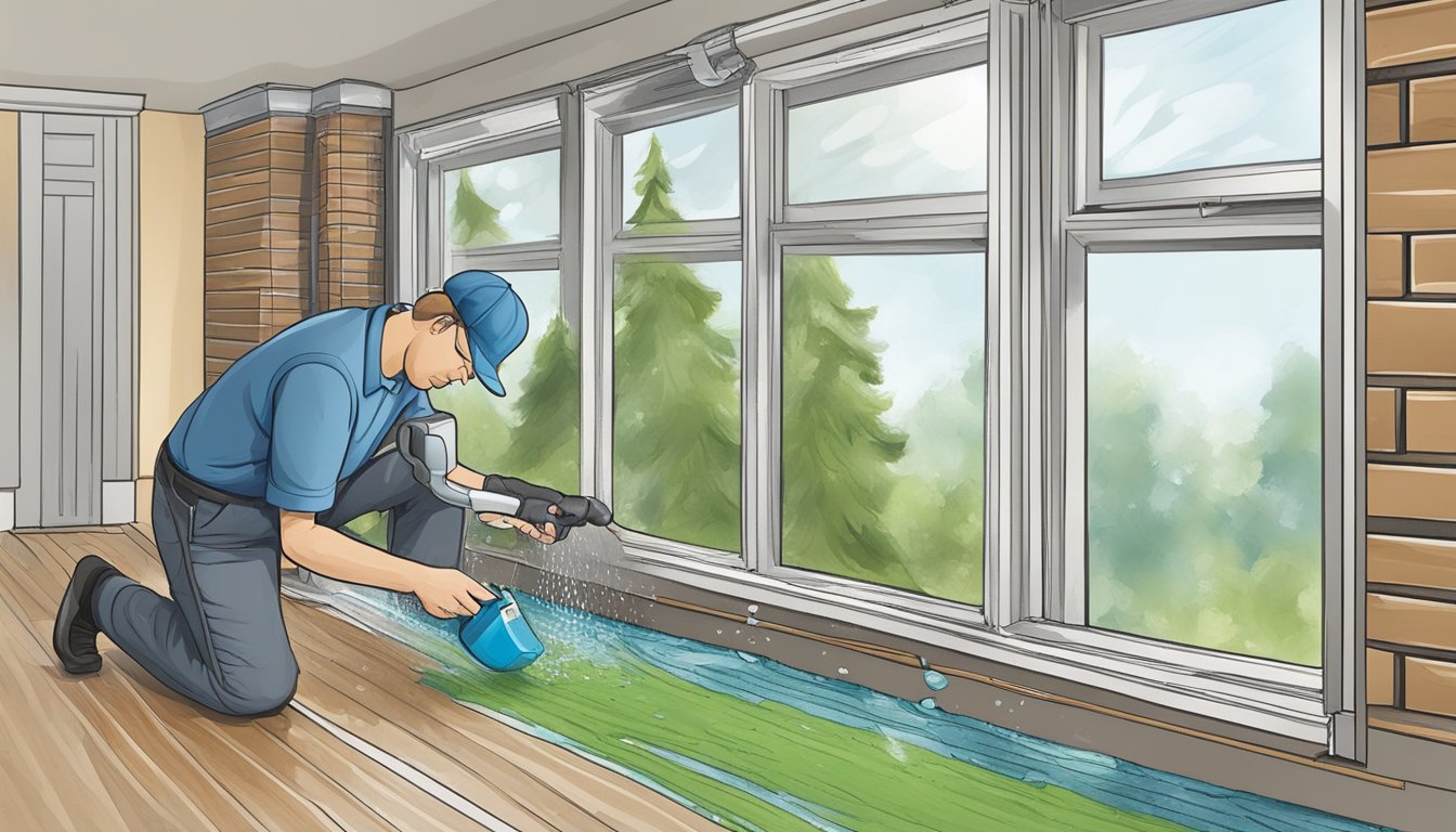 A homeowner inspects and repairs leaking pipes, seals windows, and uses a dehumidifier to remove excess moisture, preventing mold growth after water damage