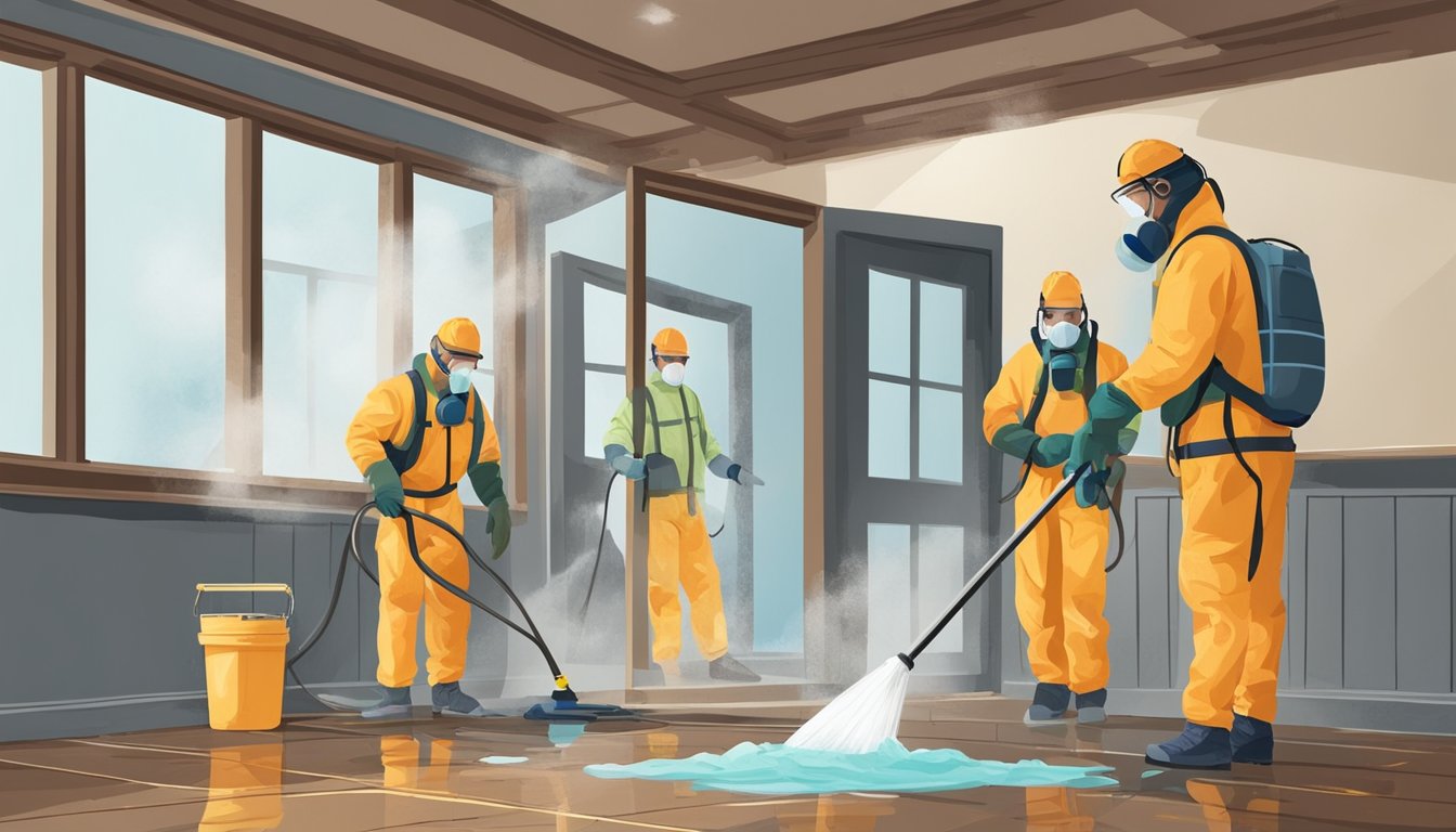 A team in protective gear removes mold from a water-damaged home. They use specialized equipment and chemicals to clean and prevent further mold growth