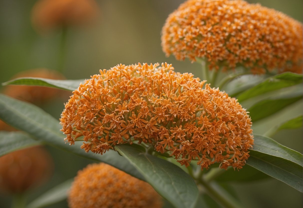 Butterfly milkweed seeds are small, oval-shaped, and covered in a fuzzy, light brownish-orange coating. They are often found in clusters within the dried pods of the milkweed plant