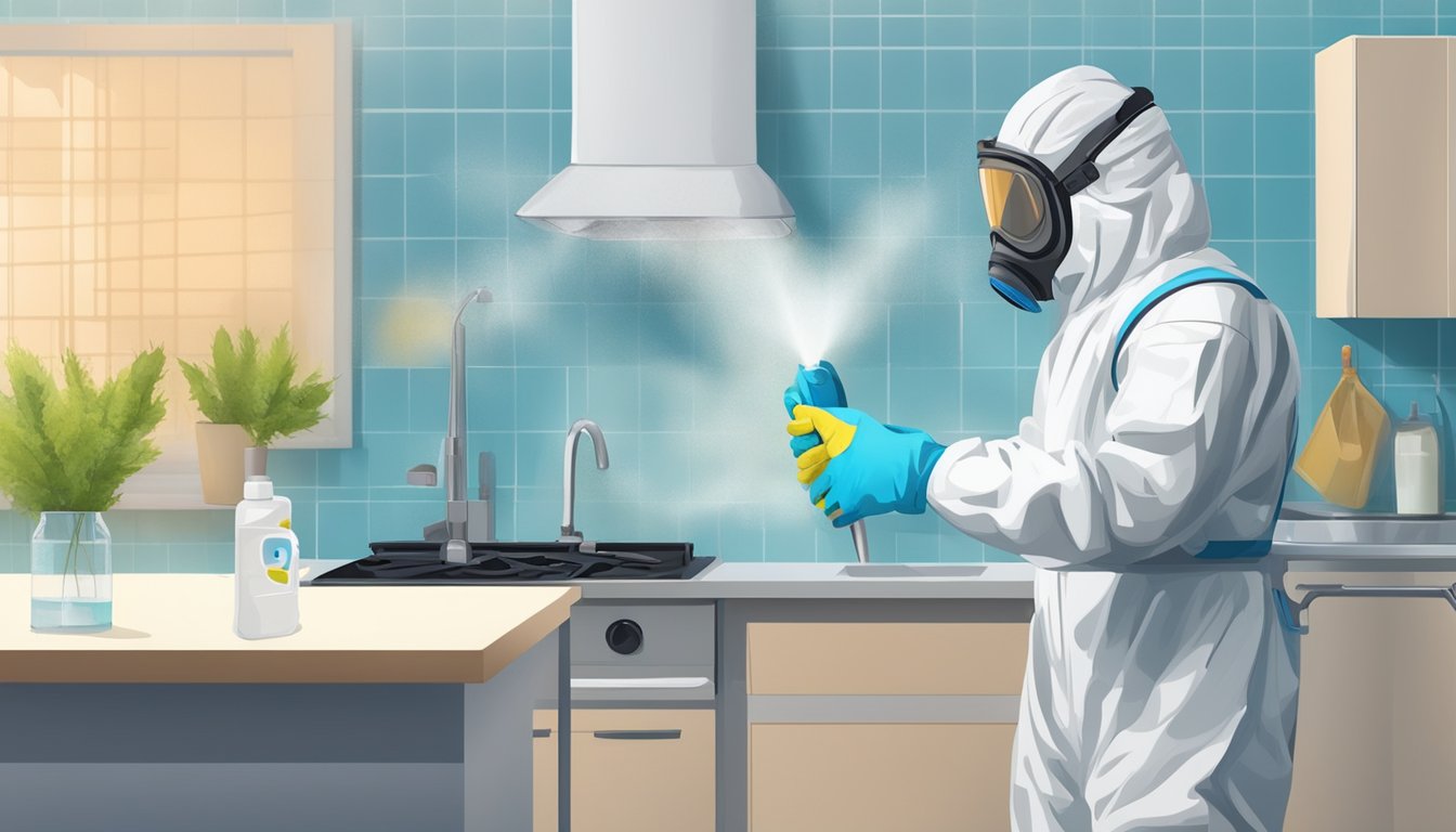A person in protective gear cleans up mold with bleach and water. They seal off the area and use fans to dry it out