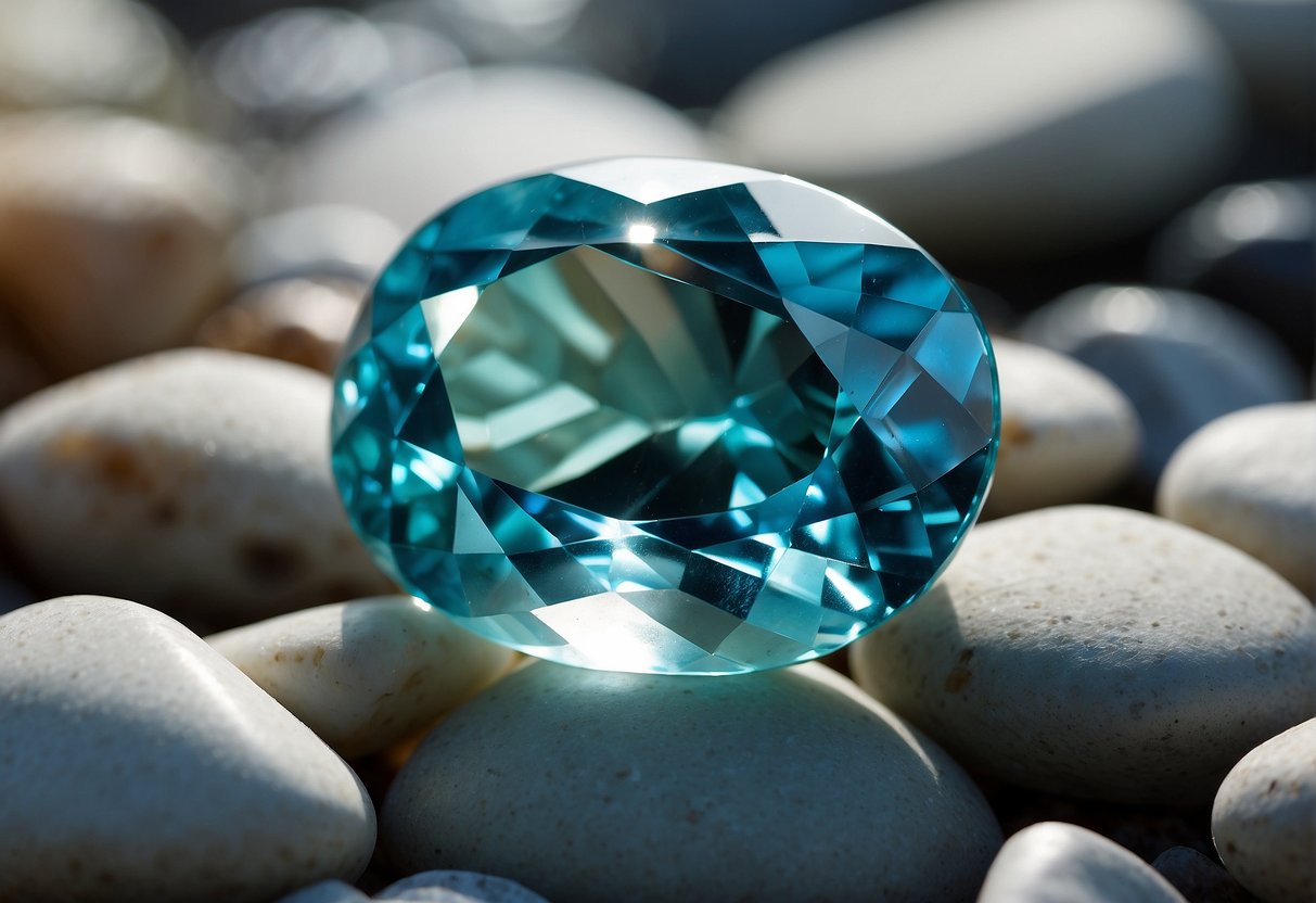 The aquamarine gemstone glistens in the sunlight, casting a mesmerizing blue-green hue. It is nestled among other crystals, reflecting the tranquil and calming properties it is known for