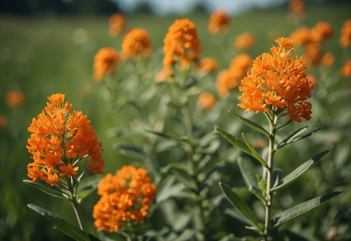 Butterfly milkweed blooms in a vibrant prairie landscape, attracting pollinators and supporting wildlife. The bright orange flowers stand out against the green foliage, creating a visually striking scene