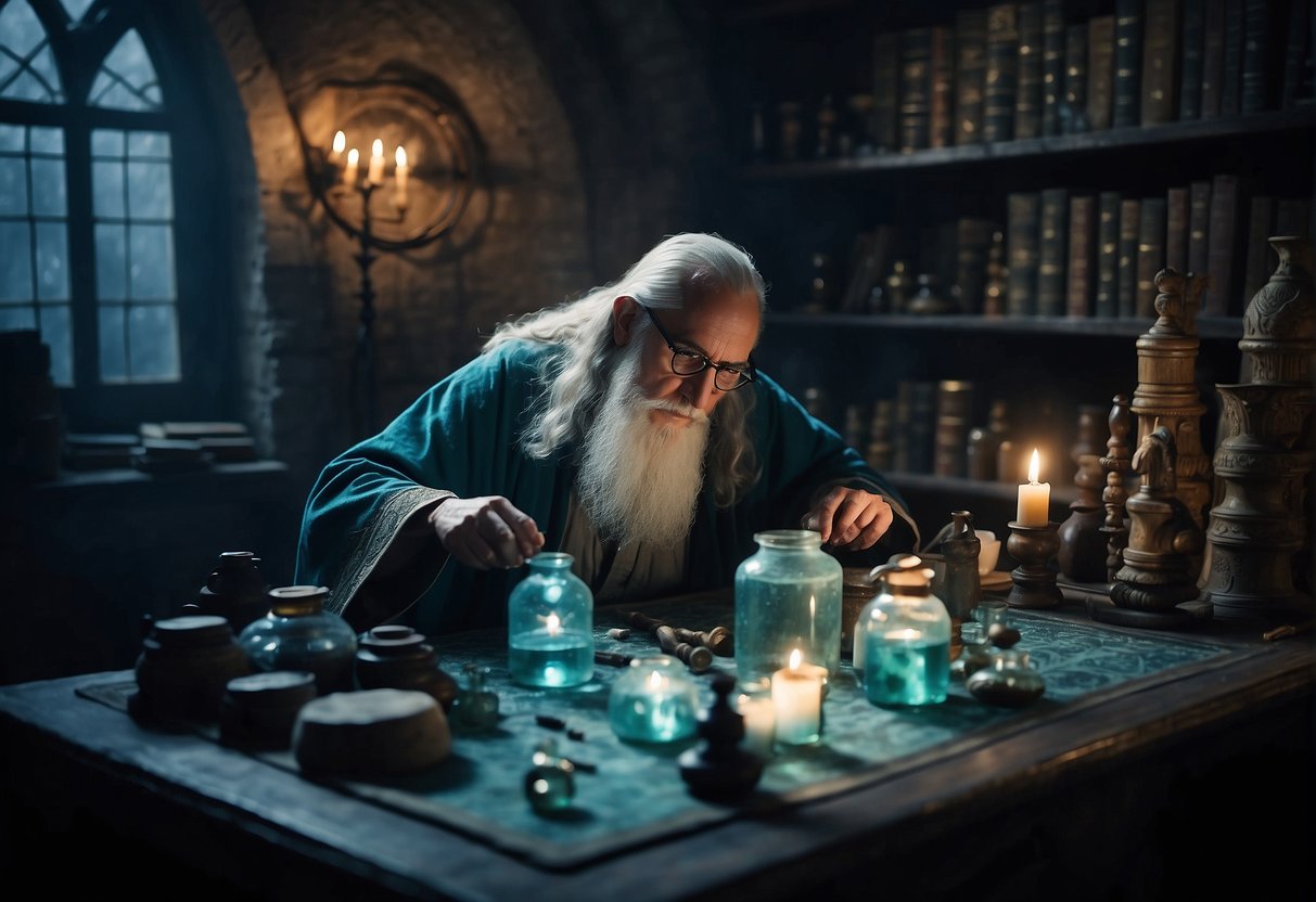 An ancient alchemist studies aquamarine's mystical properties in a dimly lit chamber, surrounded by ancient scrolls and mysterious artifacts