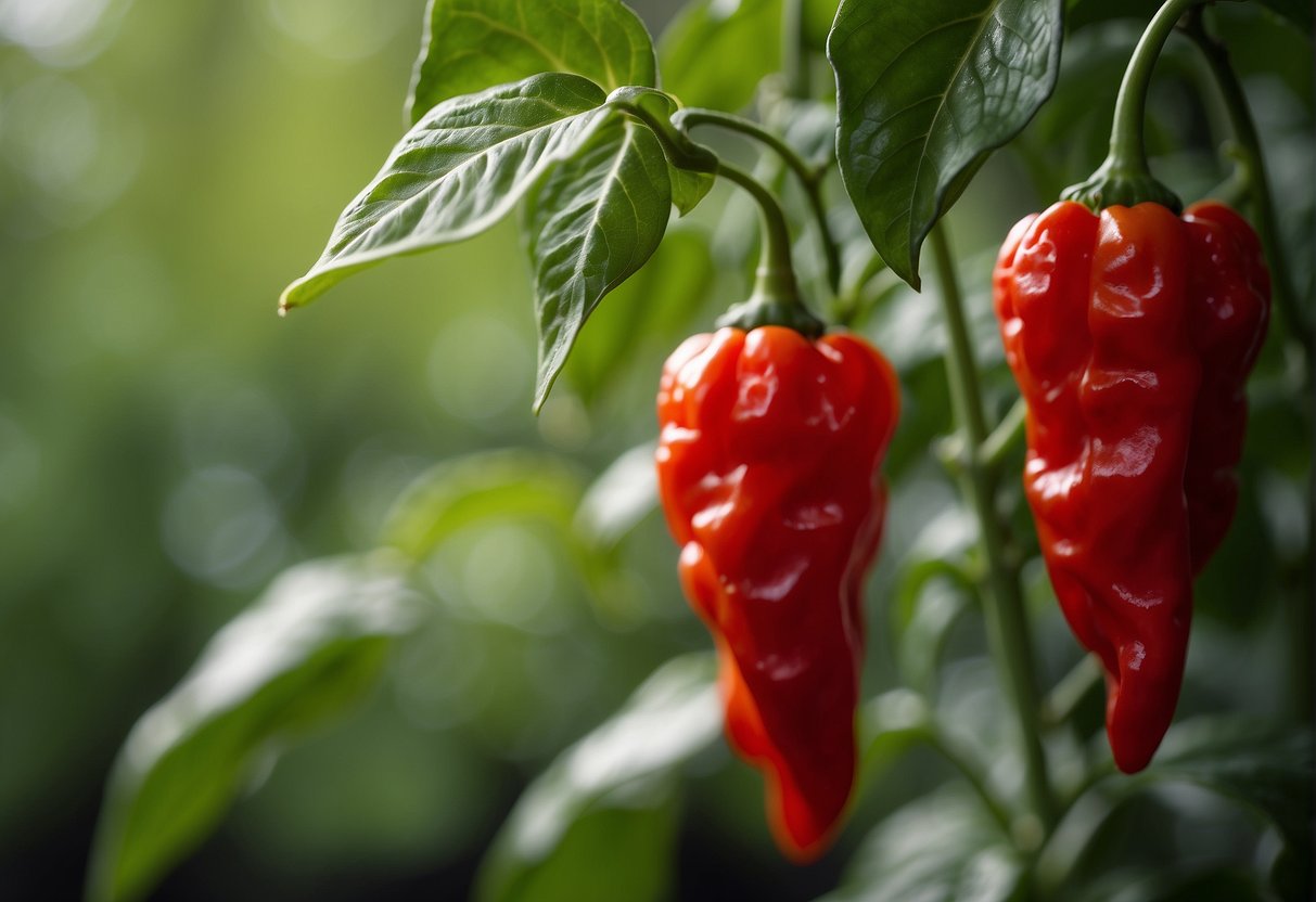 Ghost peppers hang from vibrant green stems, their wrinkled red skin indicating ripeness. Surrounding leaves provide a lush backdrop